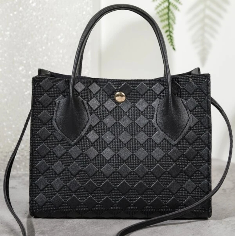 NWOT Black Textured Bag Checkered Faux Leather Purse Top Handle Crossbody Small